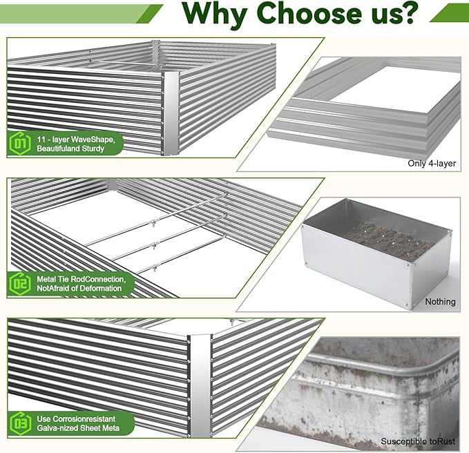 2 Pack Tall 8x3FT Raised Beds for Gardening, Corrugated Galvanized Steel Raised Garden Bed, Outdoor Metal Above Ground Garden Bed for Vegetables and Flowers(Rectangular)