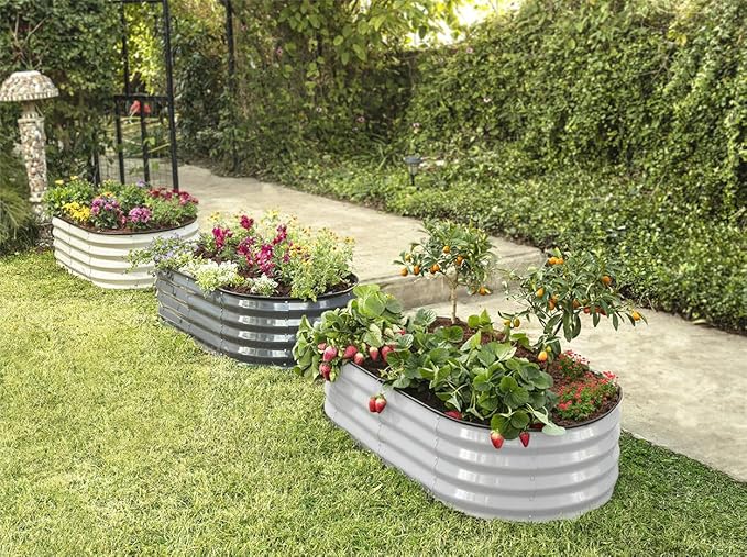Plant & Plot Galvanized Raised Garden Beds Outdoor // 4×2×1 ft Planter Raised Beds for Gardening, Vegetables, Flowers // Large Metal Garden Box (Light Gray) // Patented Tool-Free Design