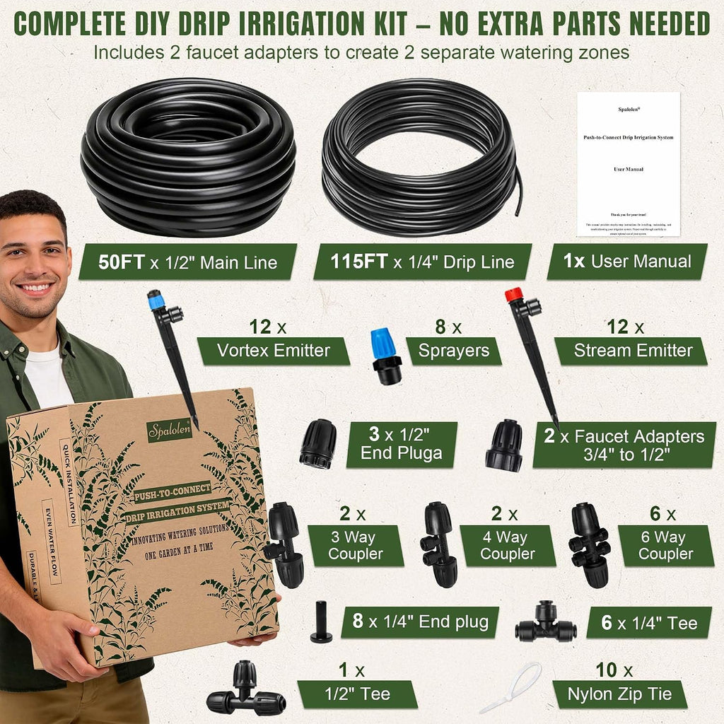 Push-to-Connect Drip Irrigation System Kit, 2-Zone Garden Watering System with 50FT 1/2" Mainline, Leak-Resistant Quick Connect Fittings, Adjustable Emitters for Raised Beds, Greenhouse