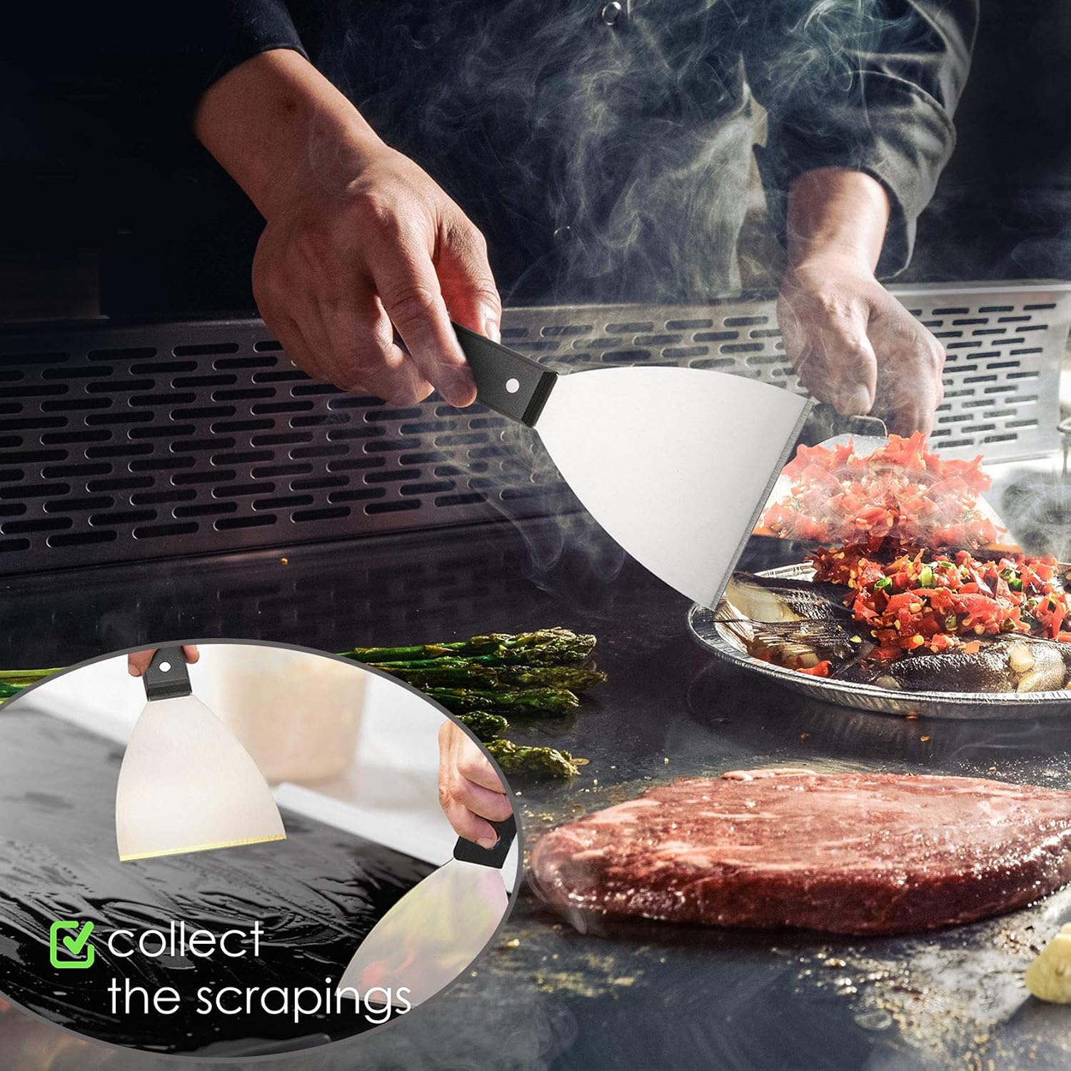 Leonyo Metal Griddle Spatula Scraper Tool For Barbecue Food, 2 Pack | Stainless Steel Griddle Scraper For Flat Top Grill, Heavy Duty Grill Scraper Diner Flat Straight Blade With Plastic Handle
