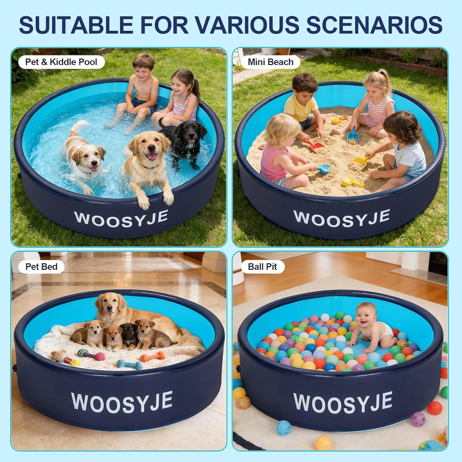 Inflatable Dog Pool, Foldable Pet Swimming Pool - 47.5" Pet Bath Pool & Kiddie Pool, PVC, Quick Drain, Non-Slip, Collapsible Swimming Pool for Large Medium Small Dogs, Cats, Kids, Backyard, Beach