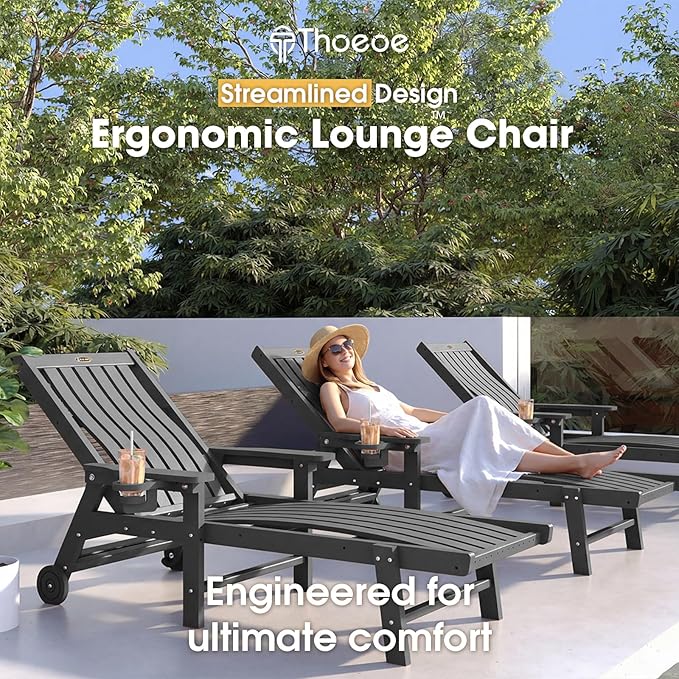 Patio Chaise Lounge Chair Set of 4, Oversized Lounge Chair Outdoor with 5 Positions, HDPE, Patio Lounge Chair with Wheels & Cup Holder for Pool, Deck, Poolside,Grey