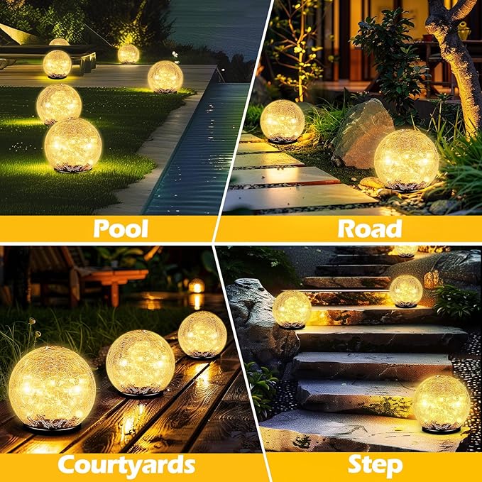 Coroor Garden Solar Ball Lights Outdoor Waterproof, 80 LED Cracked Glass Globe Solar Power Ground Lights for Path Yard Patio Lawn, Halloween Christmas Decoration Landscape Warm White(2 Pack 5.9'')