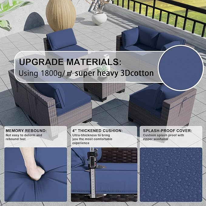 Kullavik 7 Pieces Outdoor Patio Furniture Set PE Wicker Rattan Sectional Sofa Patio Conversation Sets,Navy Blue