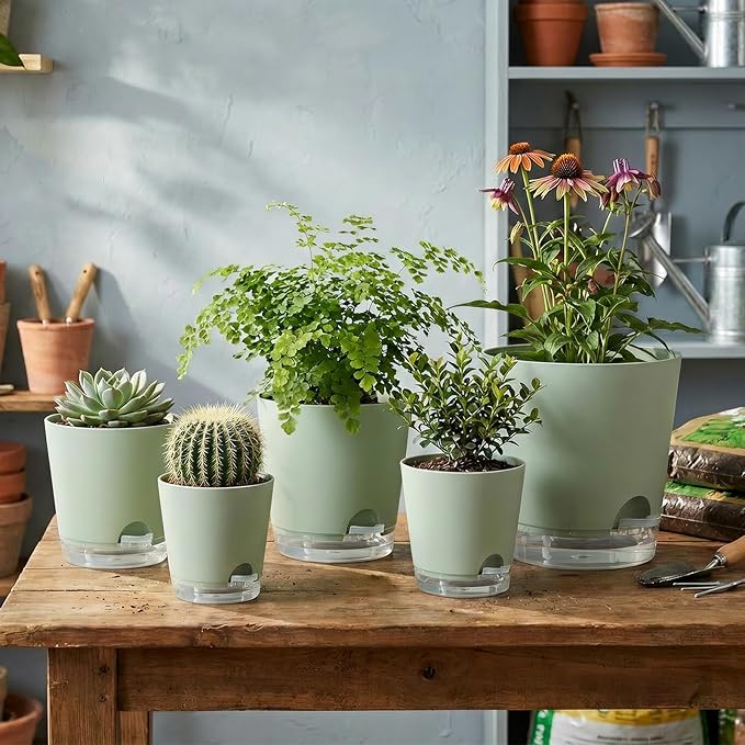 GARDIFE 2026 Upgraded Self Watering Plant Pots with Drainage Hole, 7/6.5/6/5.5/5/4 Inch Flower Planting Containers for House Plants, African Violet, Flowers, Cactus (Green, 7+6.5+6+5.5+5+4 inch)