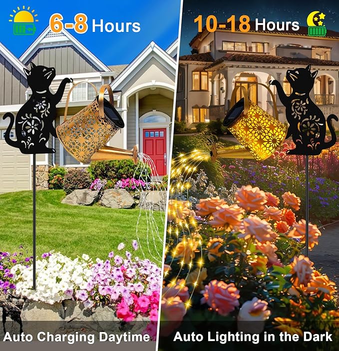 Solar Lights Outdoor Decorative, Watering Can with Cascading Lights, with Cat Silhouette Garden Stakes, Gifts for Mom Women, Waterproof Metal Garden Decor for Yard Art, Outside, Patio, Lawn Ornaments