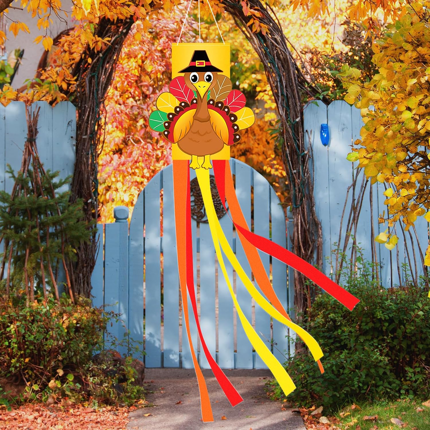 40 Inches Thanksgiving Turkey Windsock Decoration, Hanging Outdoor Fall Decor with Pilgrim Hat and Colorful Streamers, Festive Harvest-Themed Wind Sock Ornament for Garden, Patio, and Yard