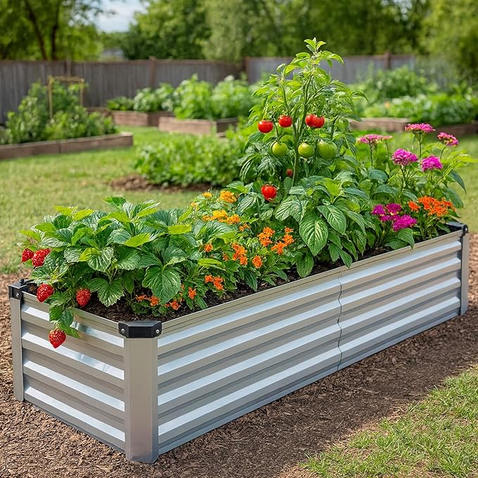 2 Pack 8x2x1FT Galvanized Metal Raised Garden Bed Kit for Vegetables, Herbs, Open-Bottom Large Capacity Outdoor Planter Box Gardening Stakes, Silver