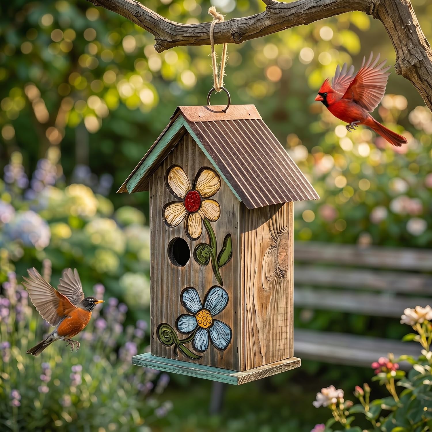 Topadorn Hanging Bird House for Outside, 11" Hand-Painted Wooden Birdhouse | Floral Design, Rustic Outdoor Bird House for Bluebird, Finch, Cardinal & Wren, Garden Patio Yard Decor