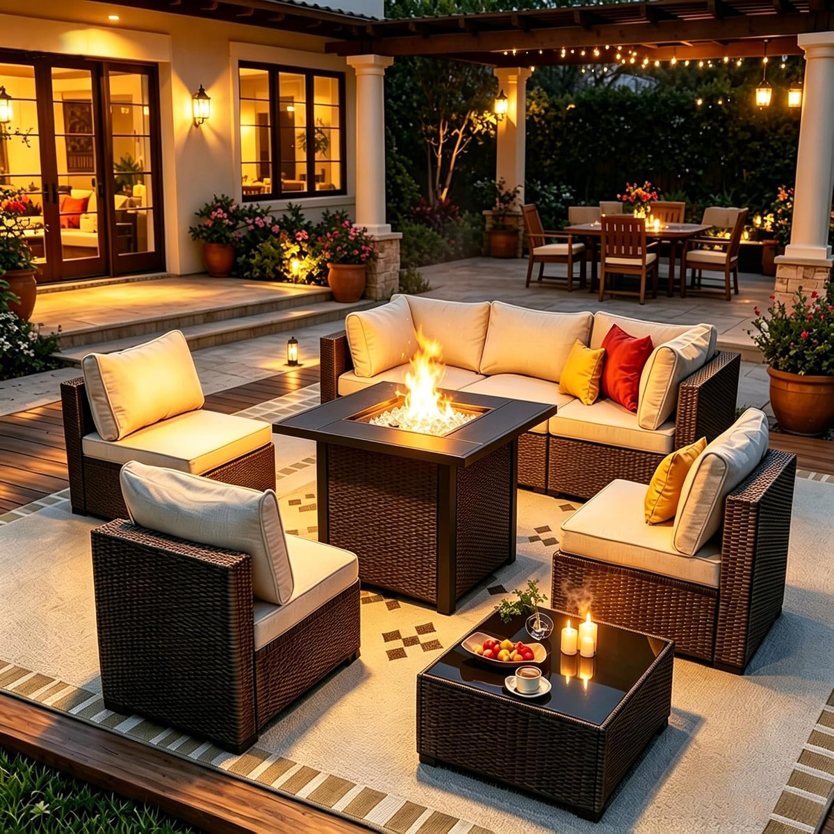 outdoor wicker patio furniture set with 28‘ fire, main product view