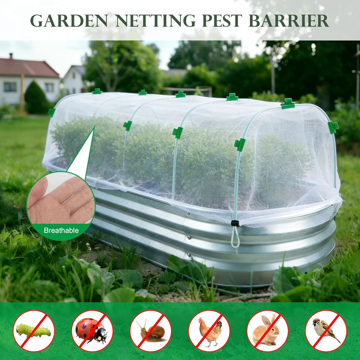 fayoo garden netting cover kit with 60 hoops showing dimensions