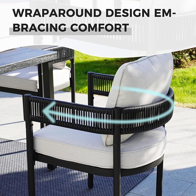 Grand patio Outdoor Dining Set, 7-Piece Patio Table and Chairs Set, Metal Woven Wicker Fixed Patio Chairs with Thickened Cushions & 1 Rectangular Woodgrain Dining Table with Umbrella Hole (Black)