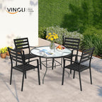 VINGLI Round Patio Table with Umbrella Hole, 40" Outdoor Dining Table Steel Tempered Glass Patio Tables Round Outdoor Tables for Balcony Garden Deck