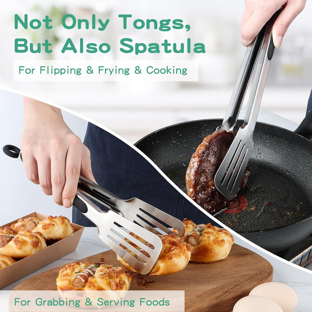 Tongs for Cooking, Set of 2 Metal Spatula Tongs for Grilling, Black | 9 inch & 12 inch, Flat Spatula Head, Comfortable Handle, Strong Grip, Easy Pull Lock, Flipping Utensil