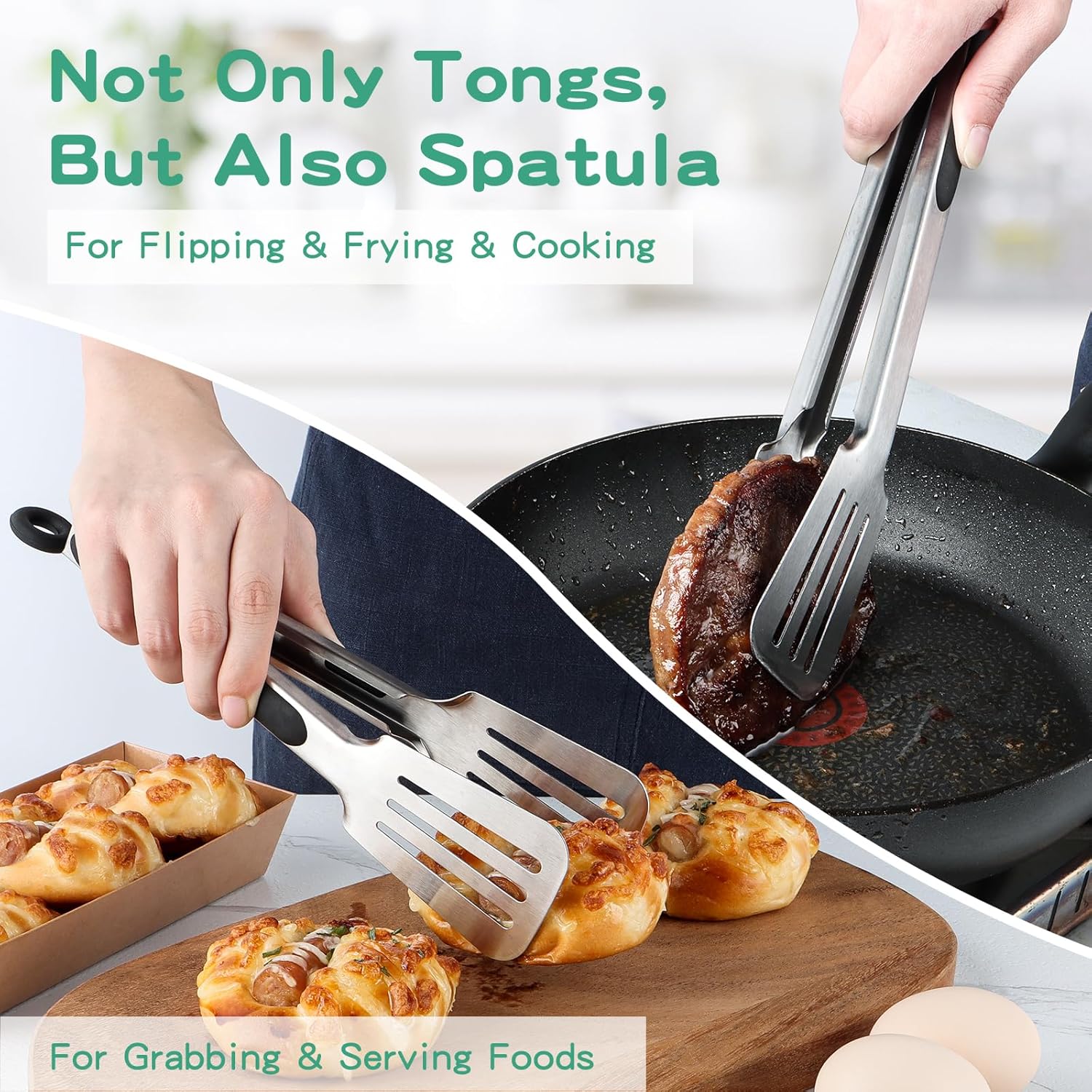 Tongs for Cooking, Set of 2 Metal Spatula Tongs for Grilling, Black | 9 inch & 12 inch, Flat Spatula Head, Comfortable Handle, Strong Grip, Easy Pull Lock, Flipping Utensil