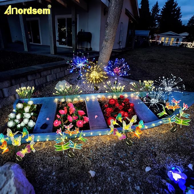Anordsem Solar Garden Lights Outdoor: 8 Removable Optical Fiber Dragonflies 2 Pack - Waterproof Fun Animal Decoration for Yard Patio Path - Gardening Gifts for Garden Lovers Over 30