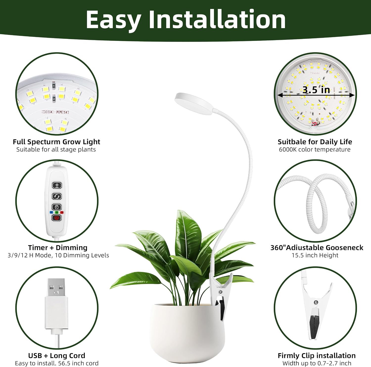 EWPJDK Plant Grow Light Full Spectrum 72 LED with Clip Grow Lamp | Plant Grow Light Lamp for Indoor Plants, Clip-On, Growing Lamp