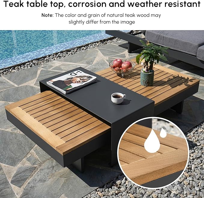 homary 6-Piece Modular Outdoor Sofa Set, Aluminum & Teak Patio Conversation Set with Waterproof Covers, Adjustable Backrests, Fade-Resistant Cushions for Patio or Balcony