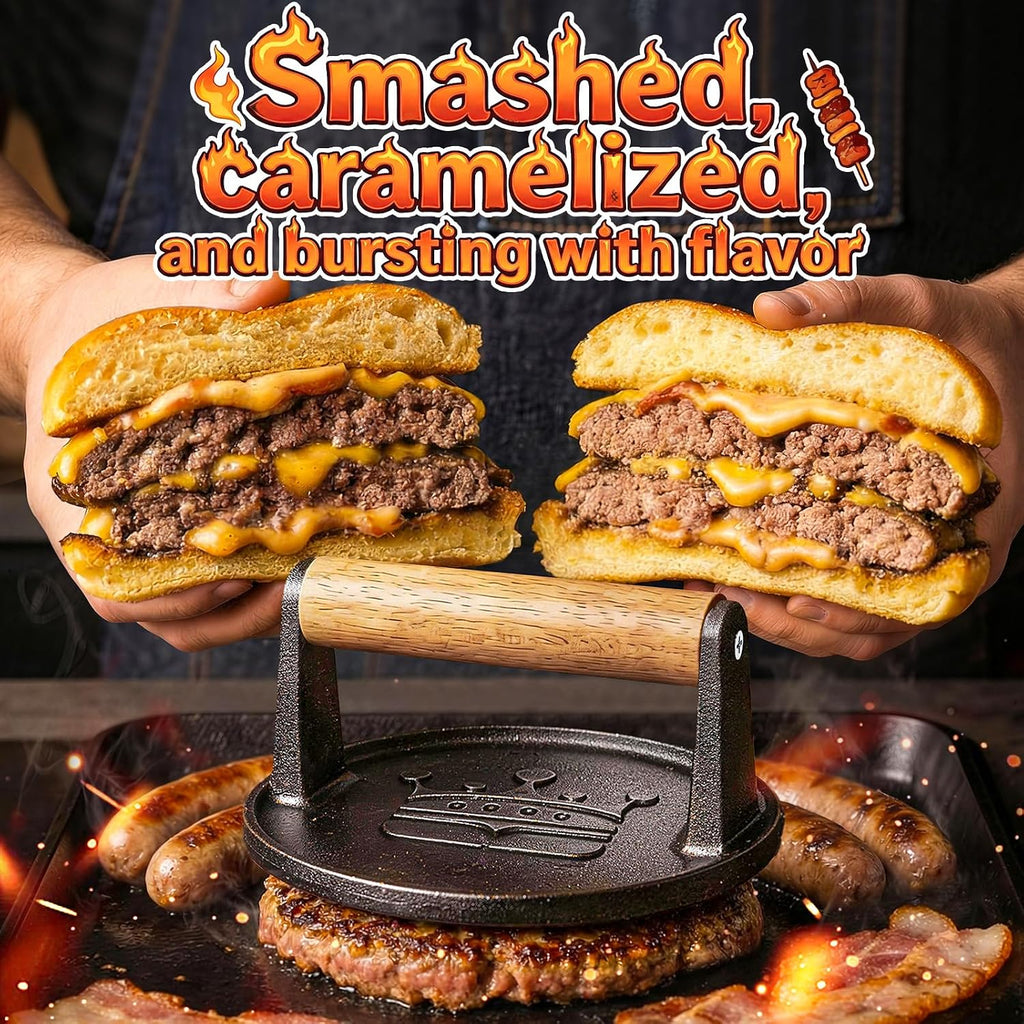 Smash Burger Press 6.5",Cast Iron Flat Round Burger Smasher, Gift | 2lb Heavy-Duty Grill Bacon Meat Press with Wood Handle,Nonstick hamburger Smasher for griddle accessories,BBQs and Tailgates