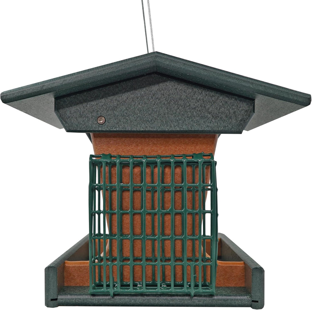 DutchCrafters Poly Hopper Bird Feeder with Suet Holder, Large Suet Feeder for Birds, Outdoor Hanging - Amish American Made (Turf Green & Cedar)