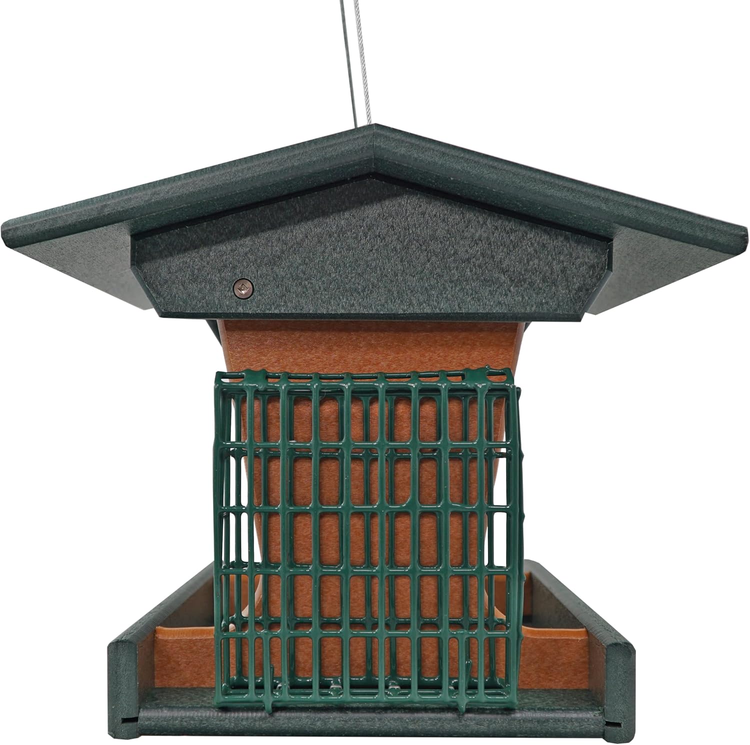DutchCrafters Poly Hopper Bird Feeder with Suet Holder, Large Suet Feeder for Birds, Outdoor Hanging - Amish American Made (Turf Green & Cedar)