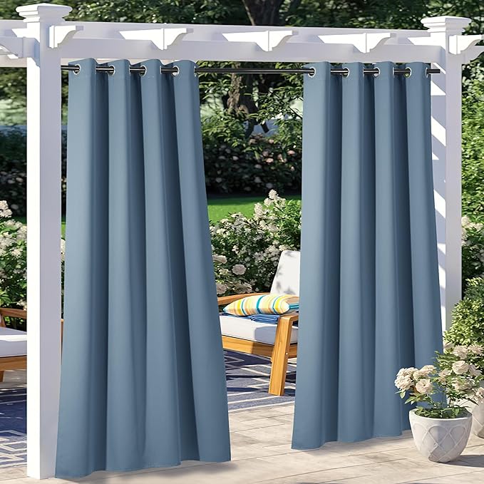 NICETOWN 2 Panels Stone Blue Outdoor Curtains for Patio Waterproof, Rustproof Grommet Thermal Insulated Blackout Indoor Outdoor Room Darkening Drapes for Patio/Front Porch, W52 x L108