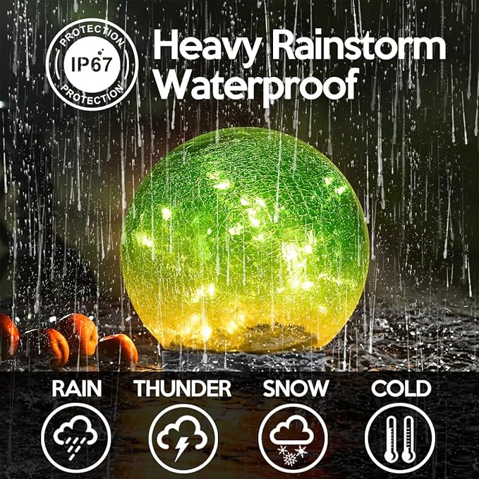 Outdoor Waterproof IP65 Solar Globe Lights, Led Solar Light Balls for Lawn Garden Patio Table Art Decoration, Yard Landscape Illuminated Cracked Glass Sphere Gazing Ball Lights, Round Ornaments Orbs