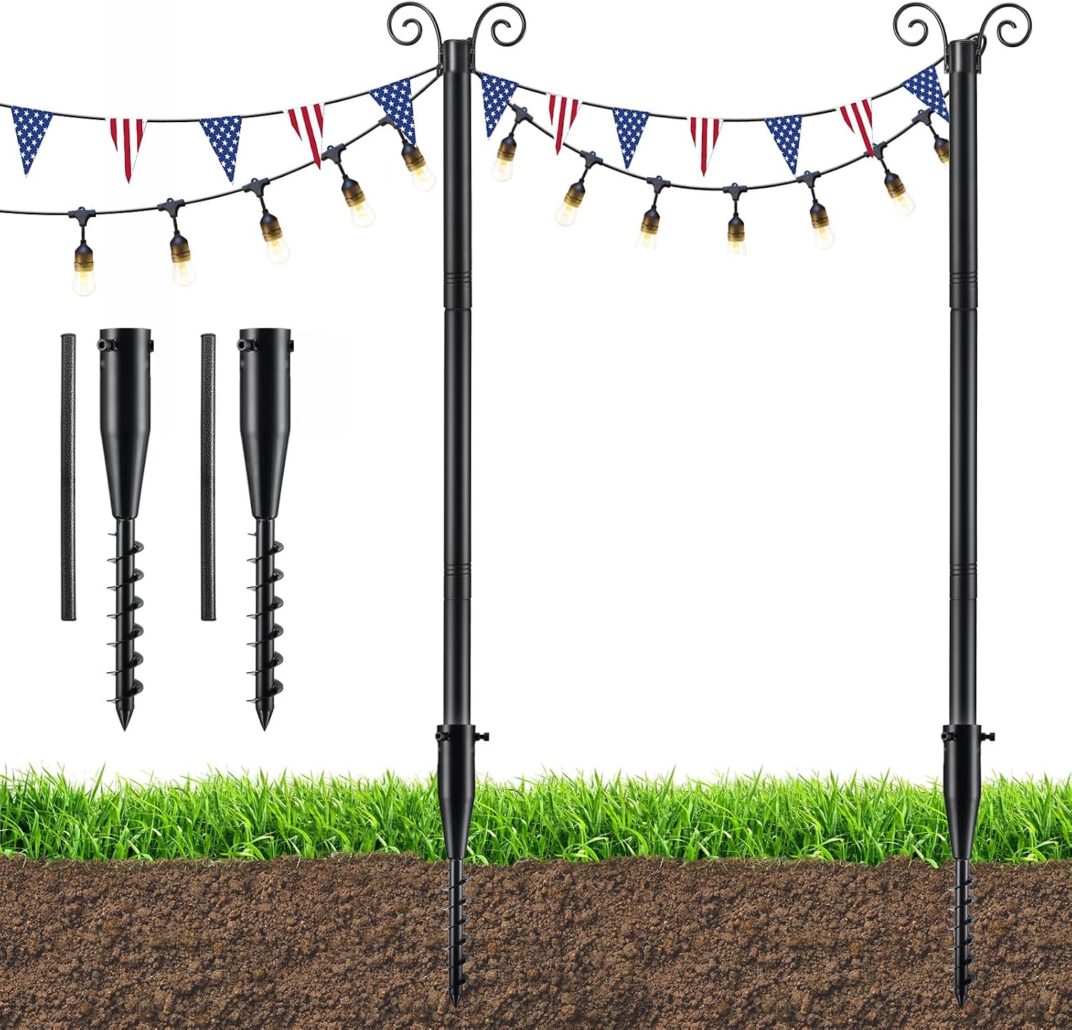 String Light Poles for Outside, 11 Feet Lights Poles with Mount Anchor, 2 PCS Outdoor Lighting Poles Hanging Backyard Garden Party Wedding Decorations, Heavy Duty Metal Stand Posts for Bistro, No Rust
