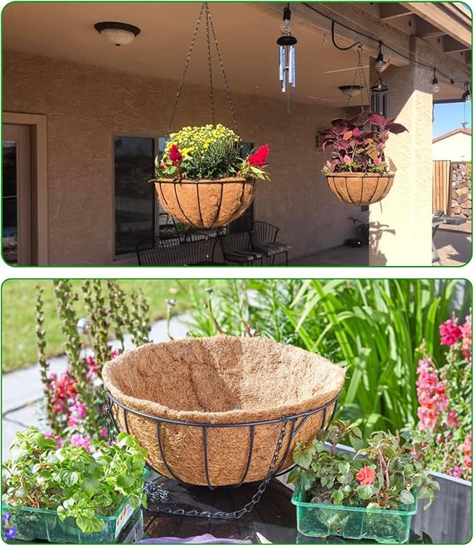 Hanging Baskets Planter for Plants - 2 Pack 14 Inch Metal Baskets with Coco Coir Liner, Hanging Flower Pots for Outside with Chain, Indoor Outdoor Garden Porch Decoration (14'' Pack of 2)
