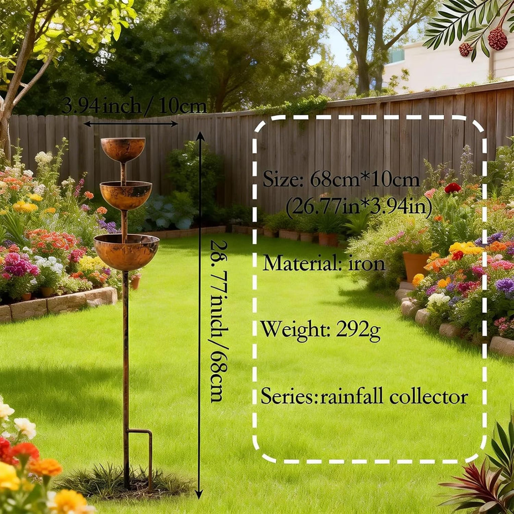 Rain Catcher - Plant Support Metal Garden Ornament, Rust Patina Metal Rain Catcher Garden Stake with Water Bowl, Gardens Rains Catchers Bird Bath with 3-Tiered Water Bowls, Yard Decor (2 PCS)