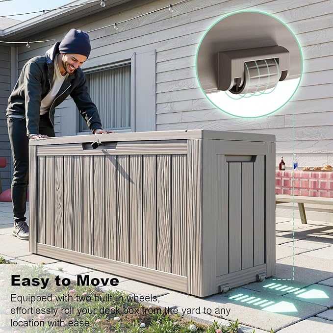 EasyUp 90 Gallon Outdoor Deck Box Waterproof, UV Resistant Resin Outdoor Storage Box for Delivery, Porch, Patio and Garden, Gray