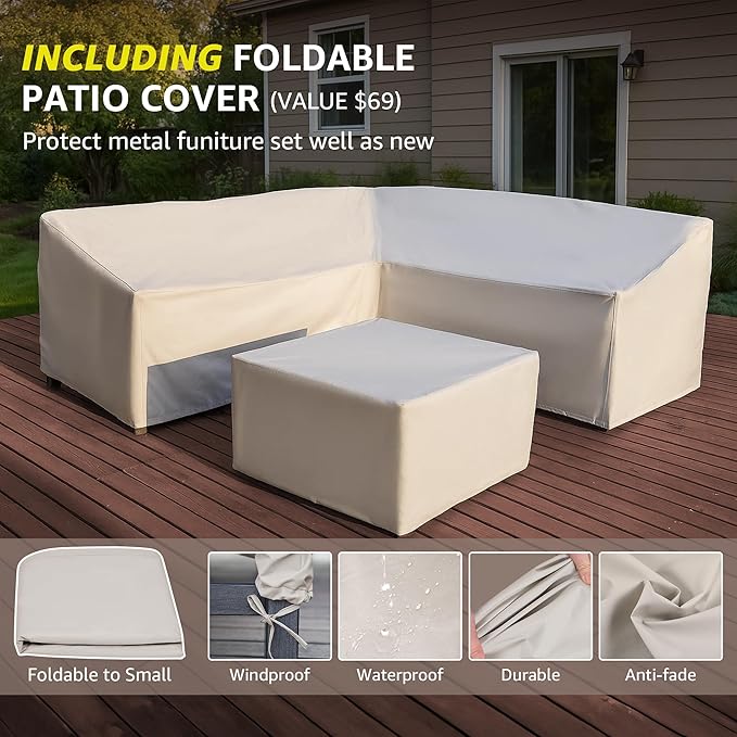 NATURAL EXPRESSIONS 6 Pieces Patio Furniture Sets,Outdoor Furniture Sets Metal Patio L Shape Sectional Couch Sofa Conversation Sets with 6.5" Shale Cushions,HighBack Hand-Brush Black Frame