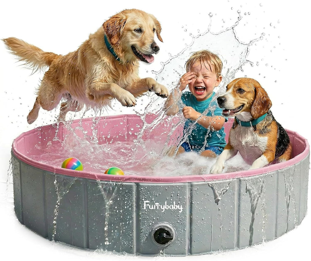 Furrybaby Foldable Dog Pool Non-Slip Hard Bath Tub Indoor Outdoor Pets Kids | Collapsible rigid dog pool with non-slip PVC, durable hard plastic tub, portable indoor & outdoor use for pets and kids, pink