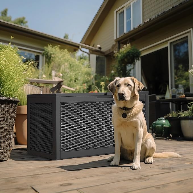 120 Gallon Outdoor Deck Box, Lockable Waterproof Outdoor Storage Boxes For Garden Tools,Indoor Cushions,Accessories Outside Storage Resin Weatherproof Container(Black)