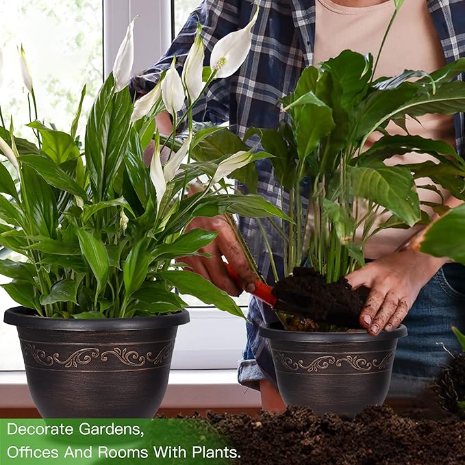 Plastic-Plant-Flower-Planters-8 Inch With Drainage Hole & Saucer, 6 Packs Lightweight Small Resin Flower Pot Indoor Outdoor, Retro Antique Imitation Decorative Garden Containers Sets For Houseplants