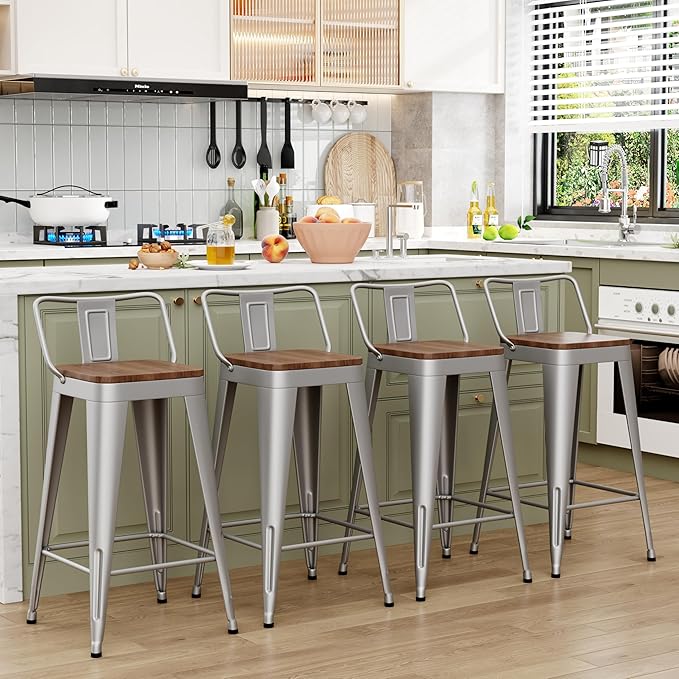 WENTMENT Bar Stools Set of 4 Counter Height Stools with Removable Back 24" Kitchen Bar Stools with Wooden Seat, Silver