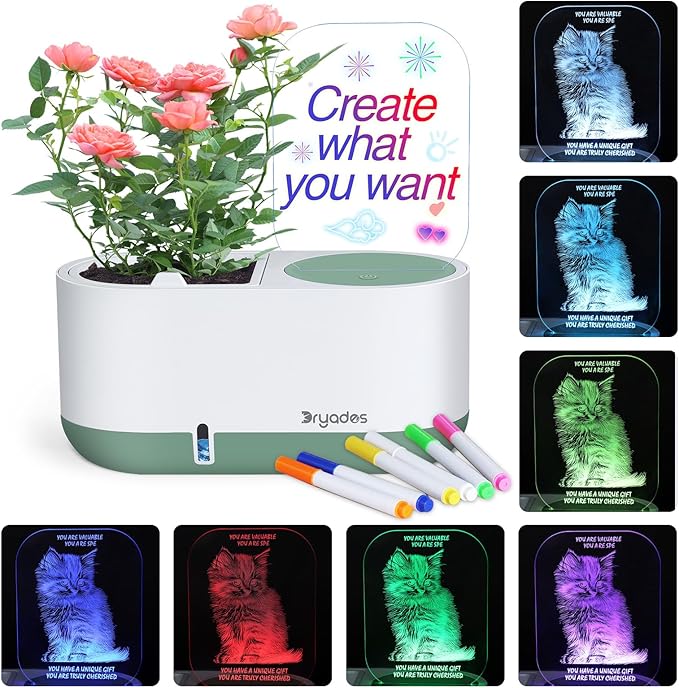 Self-Watering Plant Pot with LED Note Board & 7 Colors Pen Acrylic Message Board with Light Acrylic Dry Erase Board, Led Cat Board Night Light with Planting Pot for Christmas(No Plant&Seed)