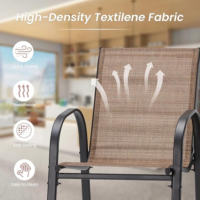 HOMREST Outdoor Bar Height Stools Set of 6,Stackable Patio Chairs with Armrests, High Back Textilene Chairs with Breathable Fabric & Metal Frame for All Weather,Brown