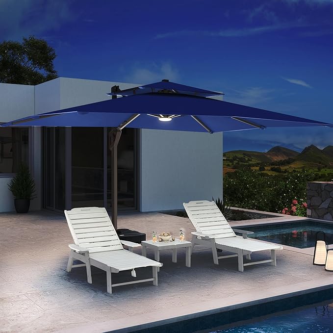 10 X 13 FT Cantilever Patio Umbrella with Led Lights and Base Included Outdoor Heavy Duty Double Top Rectangle Offset Umbrellas with 360-degree Rotation for Pool Deck Backyard, Navy