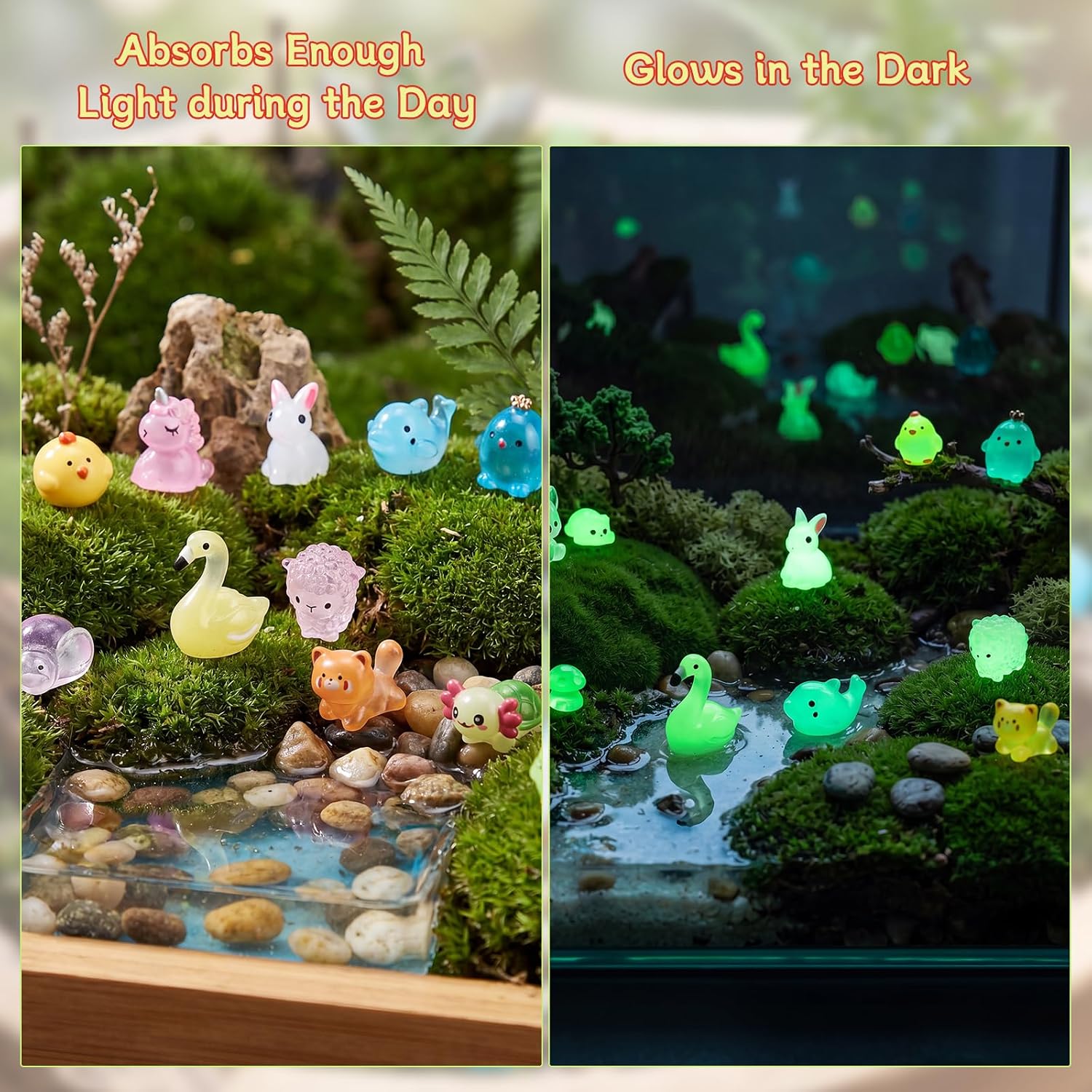 Prudiut 260Pcs Mini Resin Animals Luminous Tiny Resin Figures to Hide, Glow in Dark Animals Bulk for Micro Landscape Aquarium Decor Fairy Garden Dollhouse Accessories Party Favors