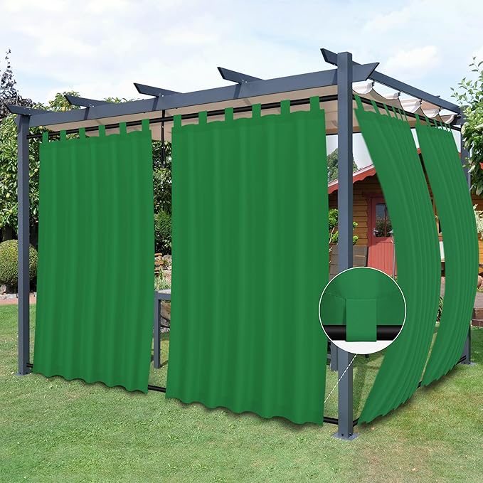 Easy-Going Outdoor Patio Curtains Detachable Tab Top Windproof Weatherproof Curtain for Cabana, Porch, Pergola and Gazebo, Tab Bottom Drape, 2 Panels, 54W x 96L inch, Green