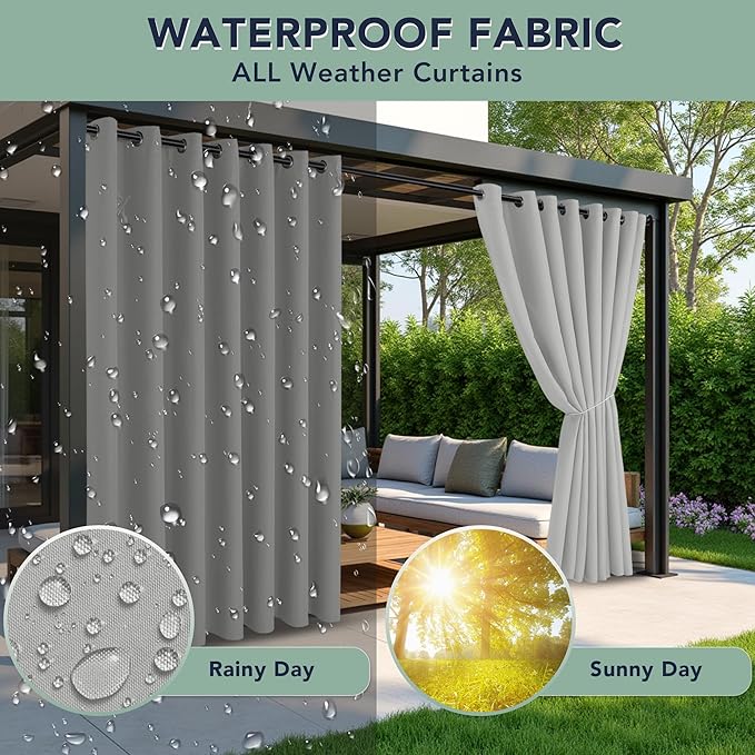 Outdoor Curtains for Patio Waterproof - 6 Panels Privacy Weatherproof Outside Curtains with Grommets for Pergola, Gazebo, Porch, Cabana, Balcony, 54 x 108 Inch, Silver