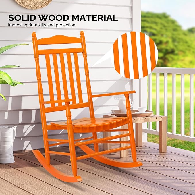 VINGLI Wooden Rocking Chair, Outdoor Chair with 450 lbs Support, Relaxing Rocker with Solid Wood High Back Seat Reclining Seat for Deck, Garden, Backyard, Porch, Indoor or Outdoor Use (Orange, 2PCS)