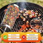 Rolling Grill Basket 2-Pack,304 Stainless Steel Grill Basket with Removable Wooden Handle,BBQ Tool & Smoker Accessory for Grill Rotisseries Veg & Shrimp,Ideal for Outdoor Cooking,Camping & Gifts for Dad/Husband/Men