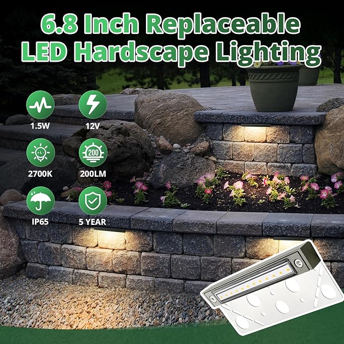 GKOLED 6.8 Inch LED Hardscape Lighting, Low Voltage Outdoor Retaining Wall Lights, Paver Lights, Light Module Replaceable Step Light, IP65 Waterproof, Die-cast Aluminum Housing Gray