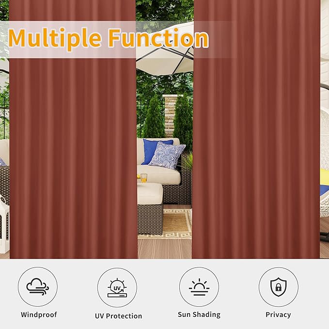 Easy-Going Outdoor Patio Curtains Detachable Tab Top Windproof Weatherproof Curtain for Cabana, Porch, Pergola and Gazebo, Tab Bottom Drape, 2 Panels, 54W x 96L inch, Terra Red