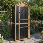 Outdoor Storage Cabinet, Wood & Metal Garden Shed with Waterproof Asphalt Roof, Patio Organizer with 3 Fixed Shelves & Removable Shelf for Long Tools, Lockable Magnetic Doors for Backyard Garage Pool