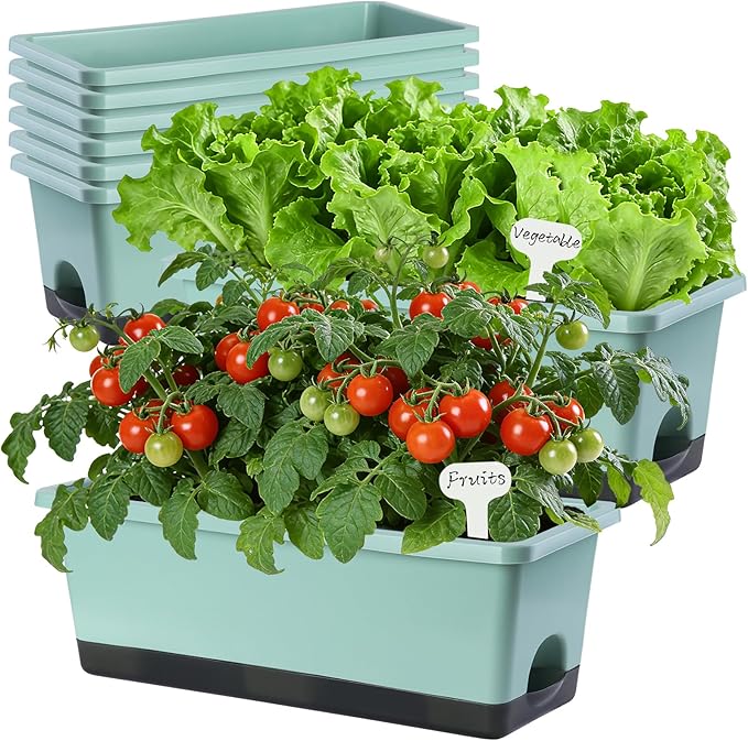 Window Box Planter 8 Pcs, 17 Inches Rectangle Flower Pots with Drainage Holes & Trays, Vegetable Planters for Windowsill Patio Garden Balcony Home Indoor Outdoor (Green, 16 * 7 * 6 inch)