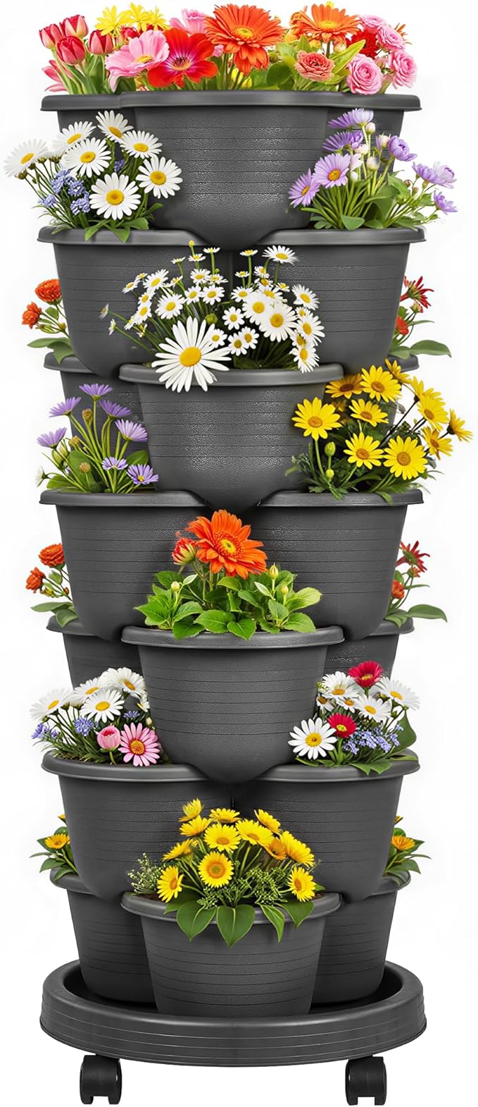 VECELO 7 Tier Vertical Garden Planter, Self Watering Stackable Planters with Wheels for Strawberries, Herbs, Flowers, Vegetables, Dark Gray