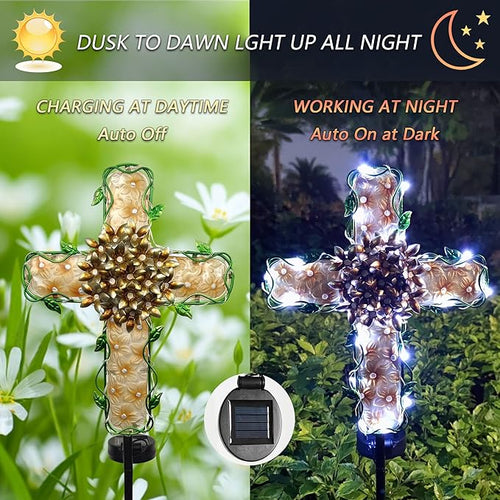 38inch Cross Garden Solar Lights Outdoor Decorative - Solar Metal&Glass Cross Apricot Hydrangea Flower Stake Lights- Waterproof 20 White LED for Remembrance Gifts & Sympathy Gifts